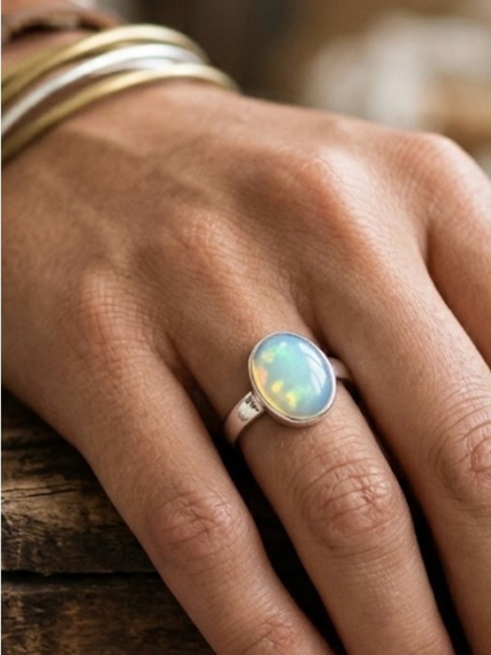 Sterling Silver 925 Synthetic Opal Solitaire Ring Size 7.75 Oval Bezel Cabochon